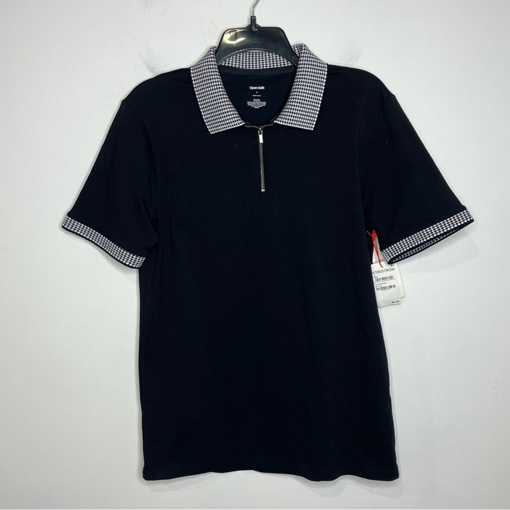 Open Edit zip polo black houndstooth accents men’s size small new with tags